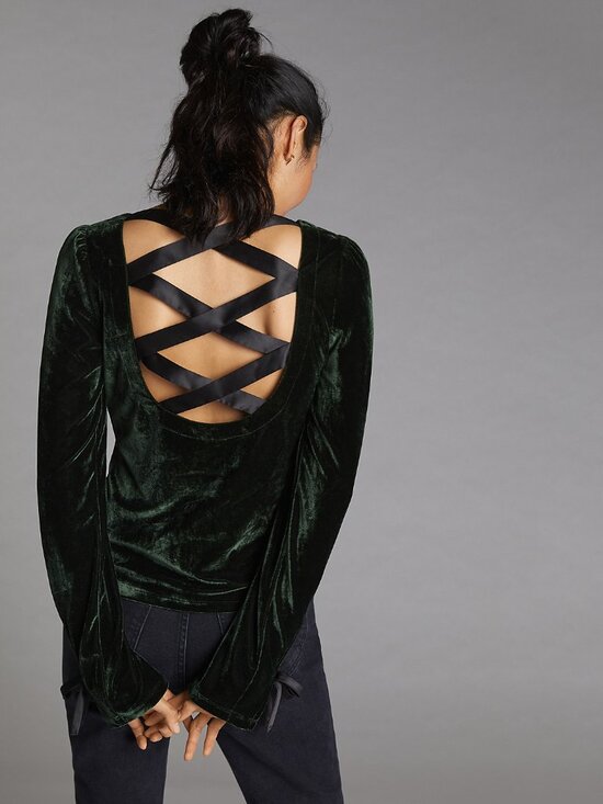 By Anthropologie Tops - By Anthropologie Open-Back Velvet Top in Dark Green - sz L